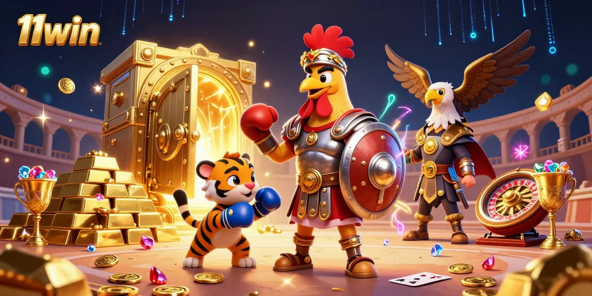 Engage in the thrilling casino experience with 11win's vibrant 3D illustration of a gladiator rooster and games surrounding them.