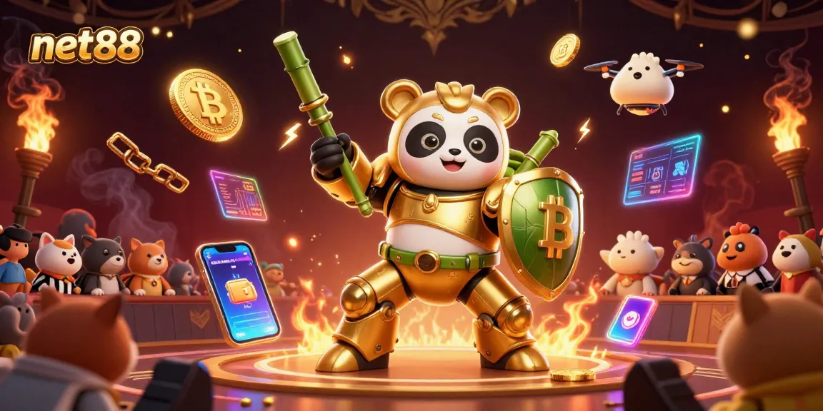 Experience net88's thrilling gameplay with a dynamic scene featuring a golden panda robot and cryptocurrency elements.