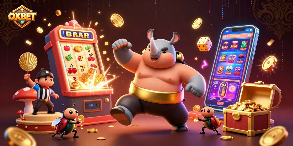 Engage in thrilling OXBET gameplay as a rhinoceros beetle sumo champion stomps coins in a vibrant casino scene.