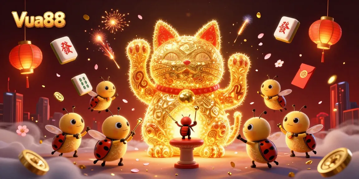 Experience the excitement of Vua88 with a vibrant 3D illustration depicting casino elements and a lucky cat.