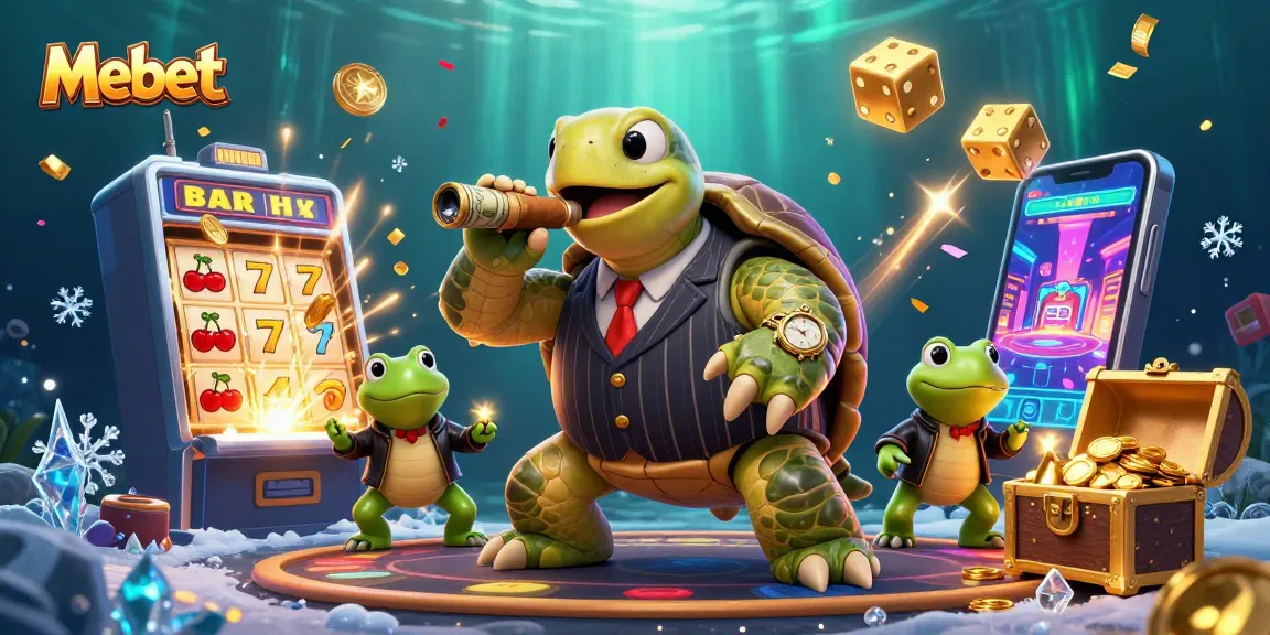 Mebet offers thrilling casino action with a vivid slot machine jackpot explosion featuring frog enforcers and a mobster turtle.