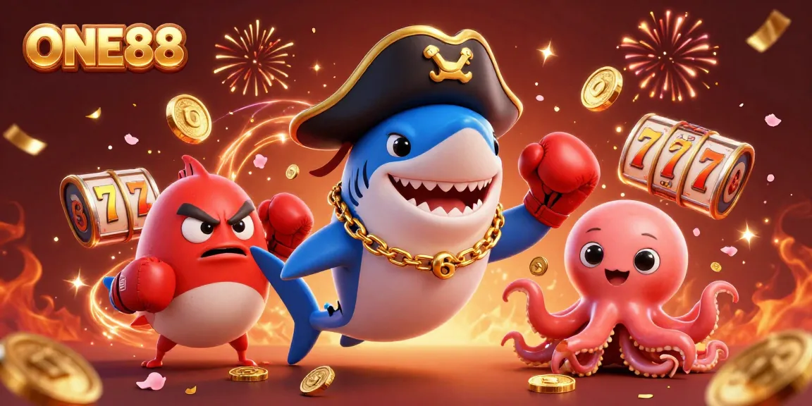 Engage with ONE88's thrilling slot games illustrated by a pirate shark and friends amidst vibrant casino elements.