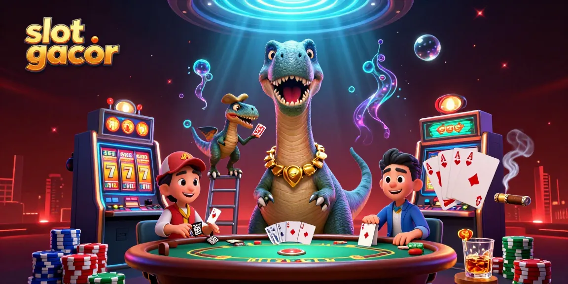 Experience slot gacor action with a brontosaurus towering over a dynamic poker scene.
