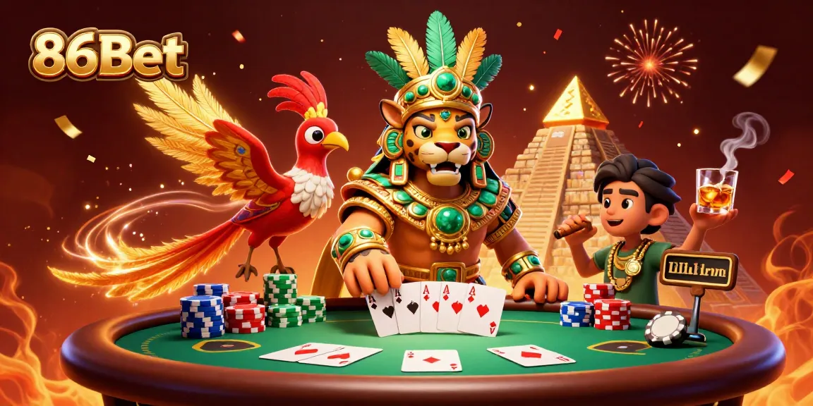Engage with 86Bet's vibrant casino scene featuring a Mayan priest and quetzal bird amidst poker action.