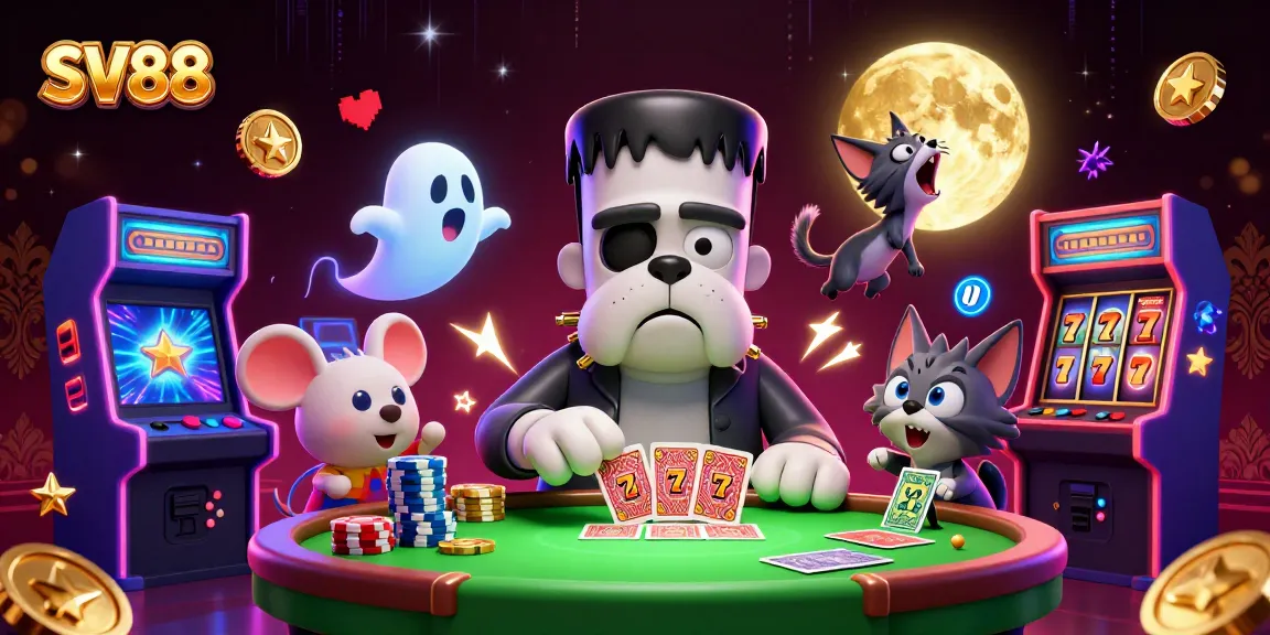 SV88 offers an exciting scene of a Frankenstein bulldog dealing cards at a spooky casino.