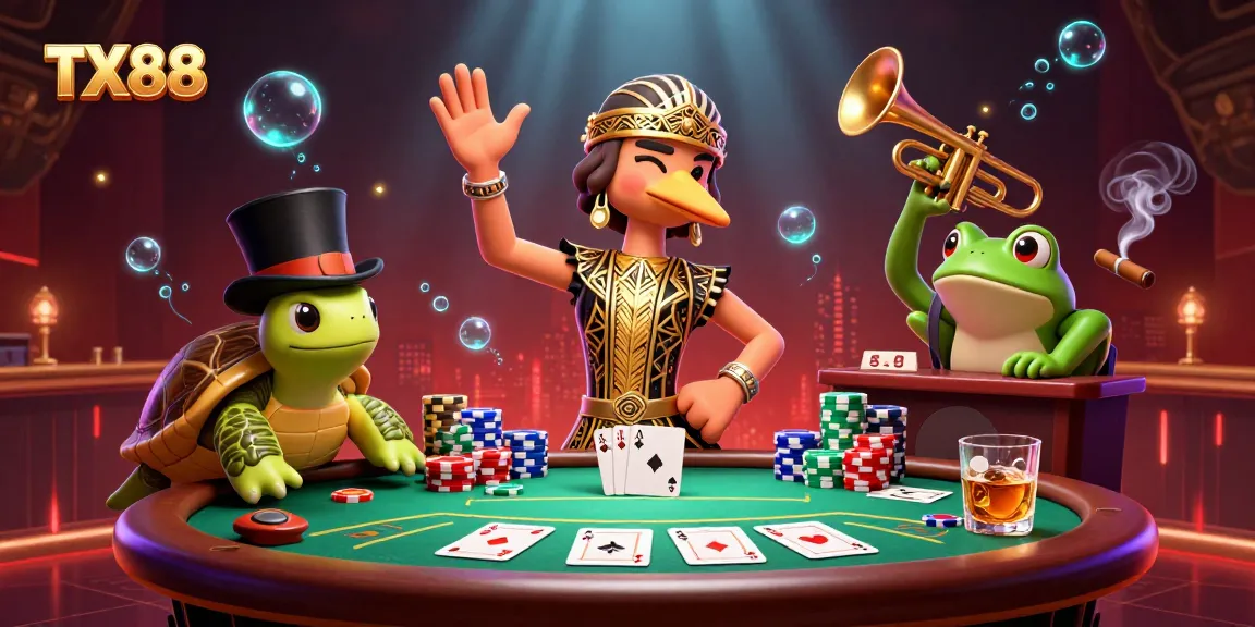 Engage with TX88 at a vibrant speakeasy featuring poker and festive characters.