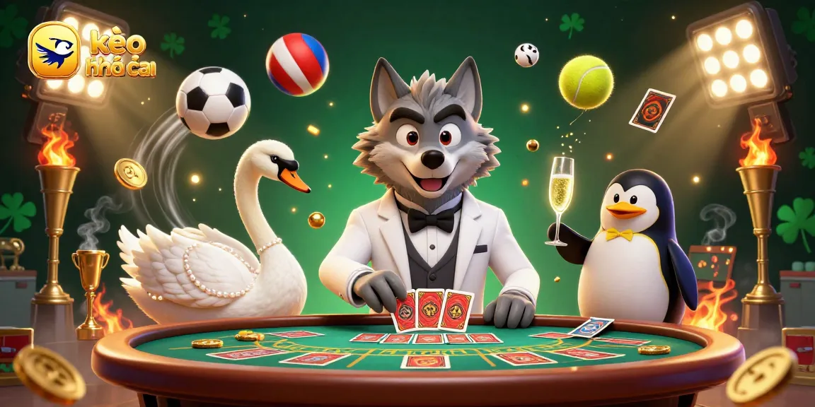 Engage with kèo nhà cái through an exciting 3D scene featuring a debonair wolf and elegant characters in a casino atmosphere.