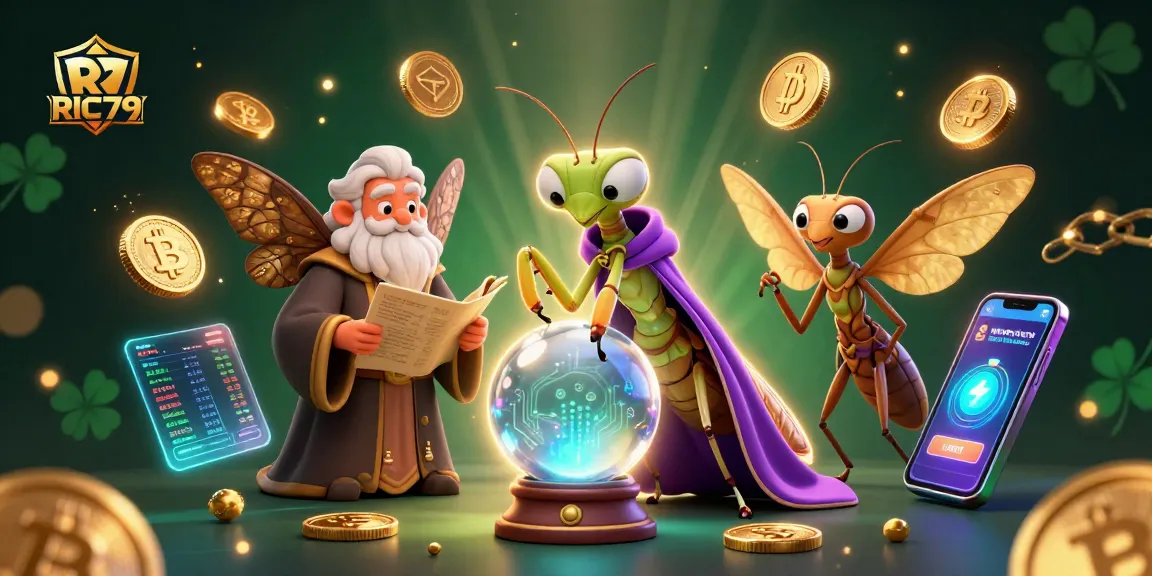 Play and win at RIC79 with a vibrant scene featuring fortune tellers and glowing cryptocurrencies.