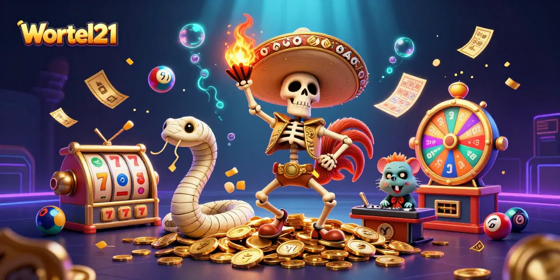 Spin and win with Wortel21's vibrant casino illustration featuring playful characters and action.