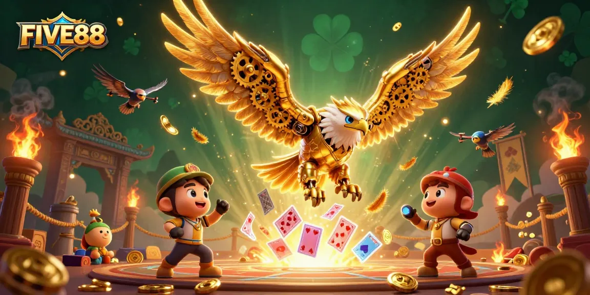 Experience FIVE88's excitement with a stunning illustration of winning casino action featuring a cybernetic eagle.