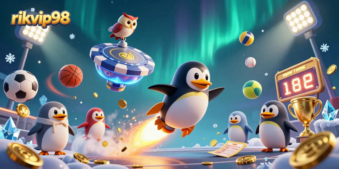 Experience thrilling gaming at rikvip98 with a golden penguin blasting towards a casino station