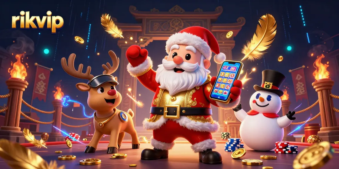 Experience exciting slots at Rikvip with Santa and friends in a vibrant casino scene.