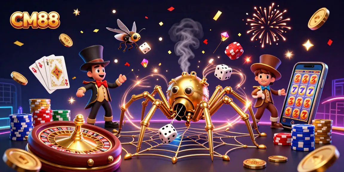 Engage with the excitement at CM88, featuring a golden spider and festive casino elements in a dynamic scene.