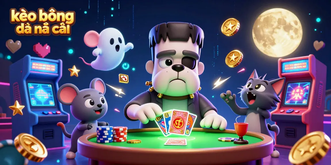 Bet on kèo bóng đá nhà cái with a dynamic 3D scene featuring a bulldog monster dealing cards amidst vibrant gaming elements.