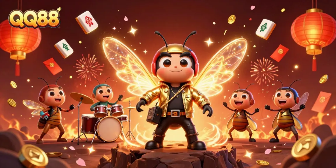 Experience the excitement of QQ88 with vibrant casino elements and energetic characters in a festive celebration.