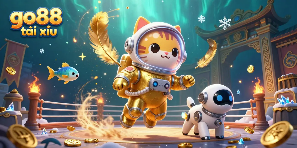 Experience thrilling go88 tài xỉu gameplay with a captivating scene featuring a space astronaut cat and robot companion.