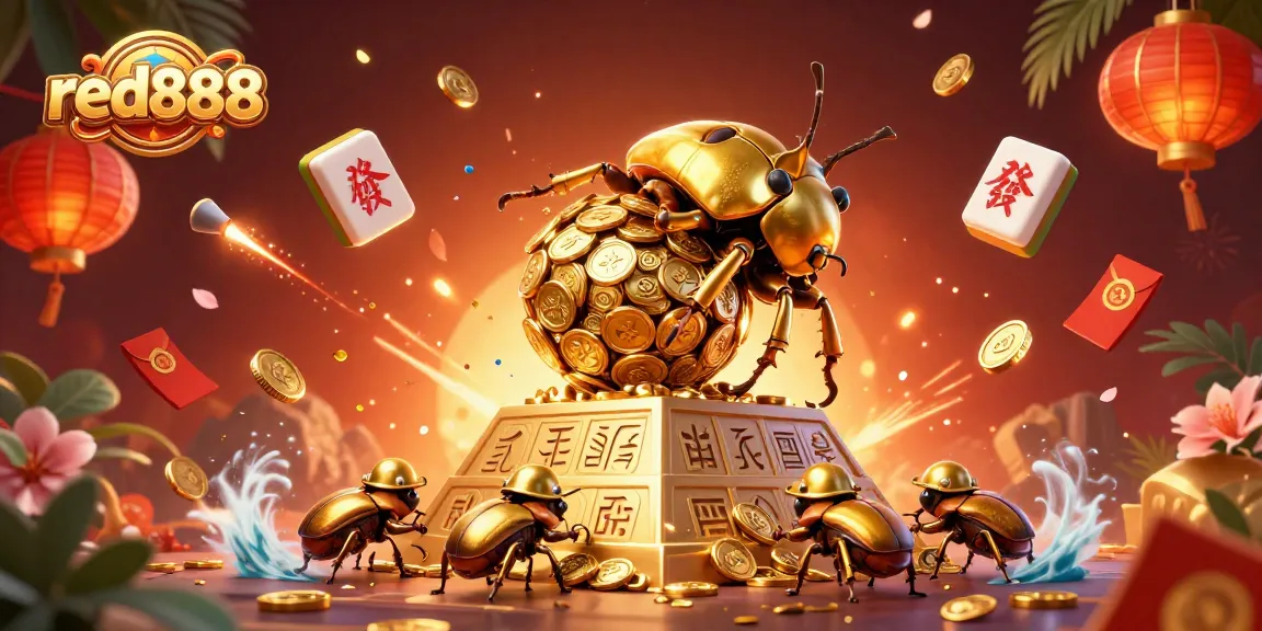 Experience the vibrant energy of red888 as a golden dung beetle rolls coins in a captivating casino-themed scene.