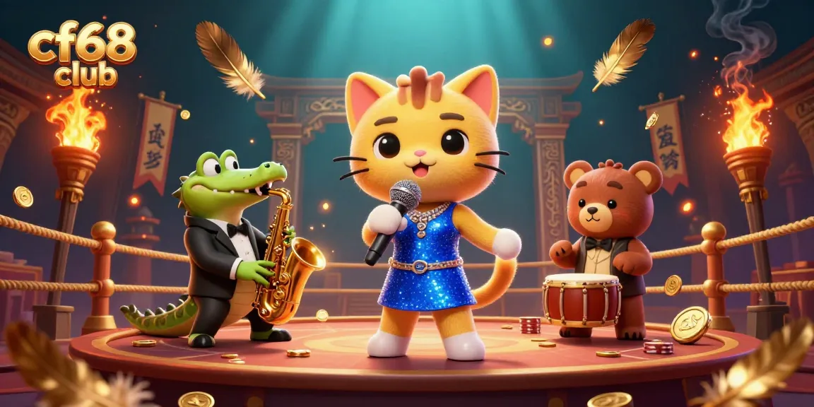 Join the vibrant action at cf68 club with a lively jazz-singer cat performing on stage surrounded by golden gambling elements.