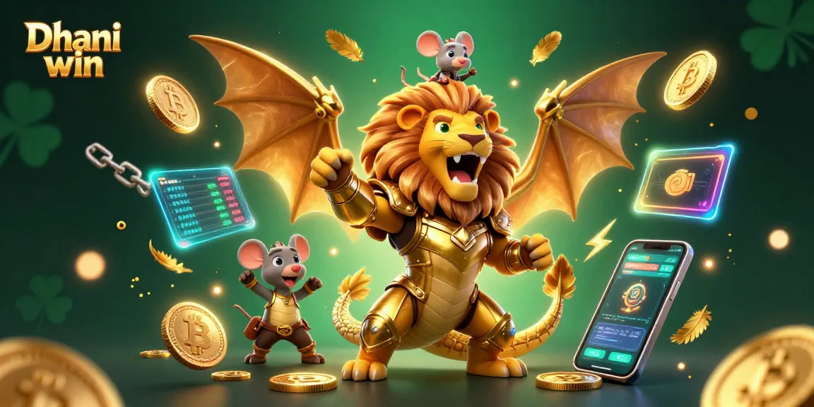 Dhani win online gaming scene showcasing a chimera creature surrounded by glowing crypto coins, lottery elements, and dynamic game graphics.