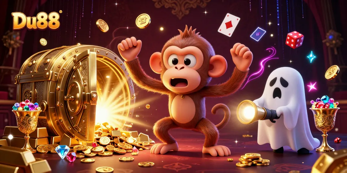 Engage with the mystique of Du88 as a playful ghost monkey juggles golden treasures in a haunted casino.