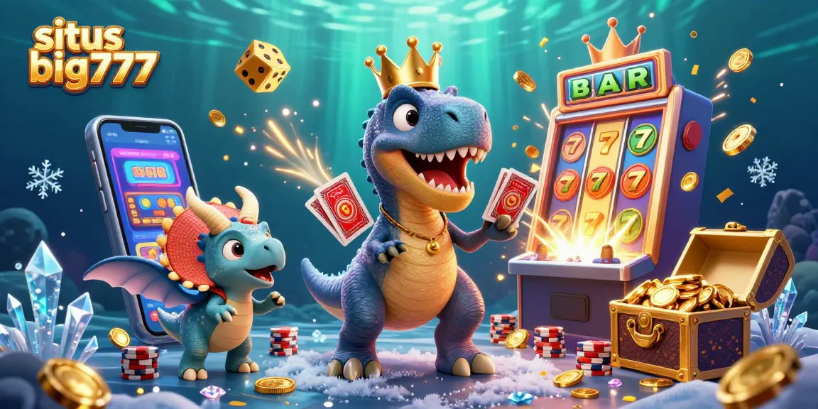 Situs big777 showcases an exciting 3D casino scene with T-Rex and friends in action.