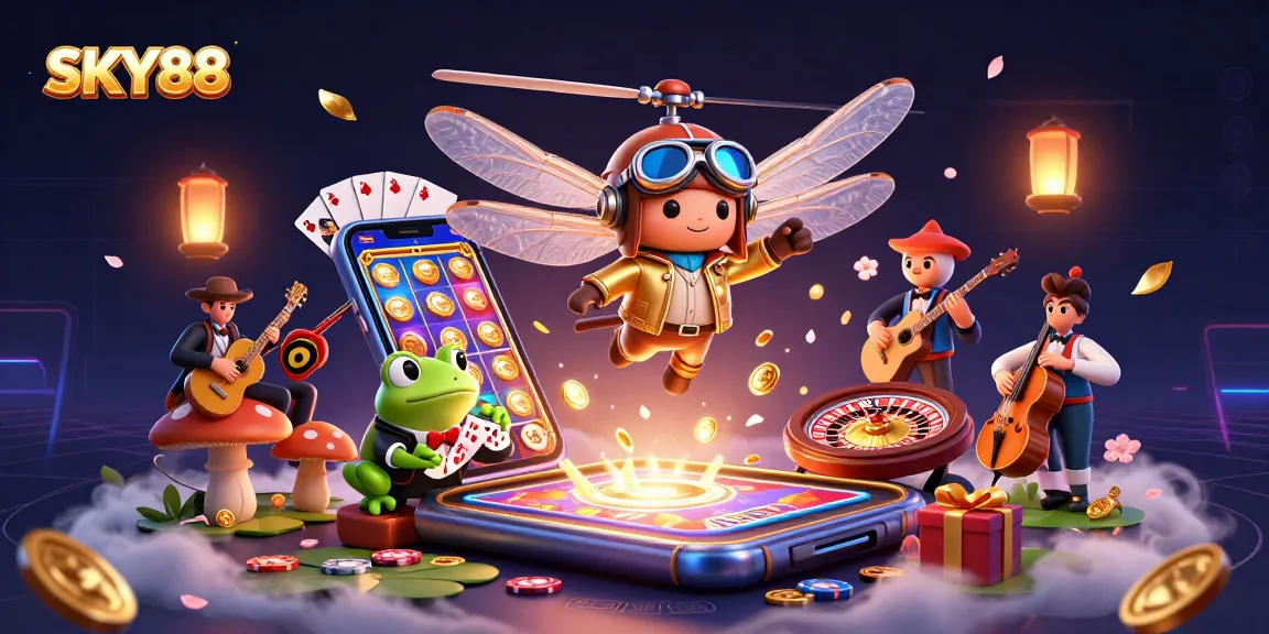Engage with SKY88's thrilling gaming experience with a dynamic 3D casino illustration.