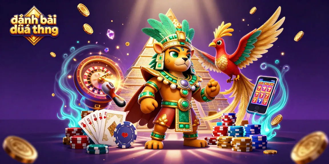 Engage in đánh bài đổi thưởng with vibrant illustrations of casino elements and dynamic characters.