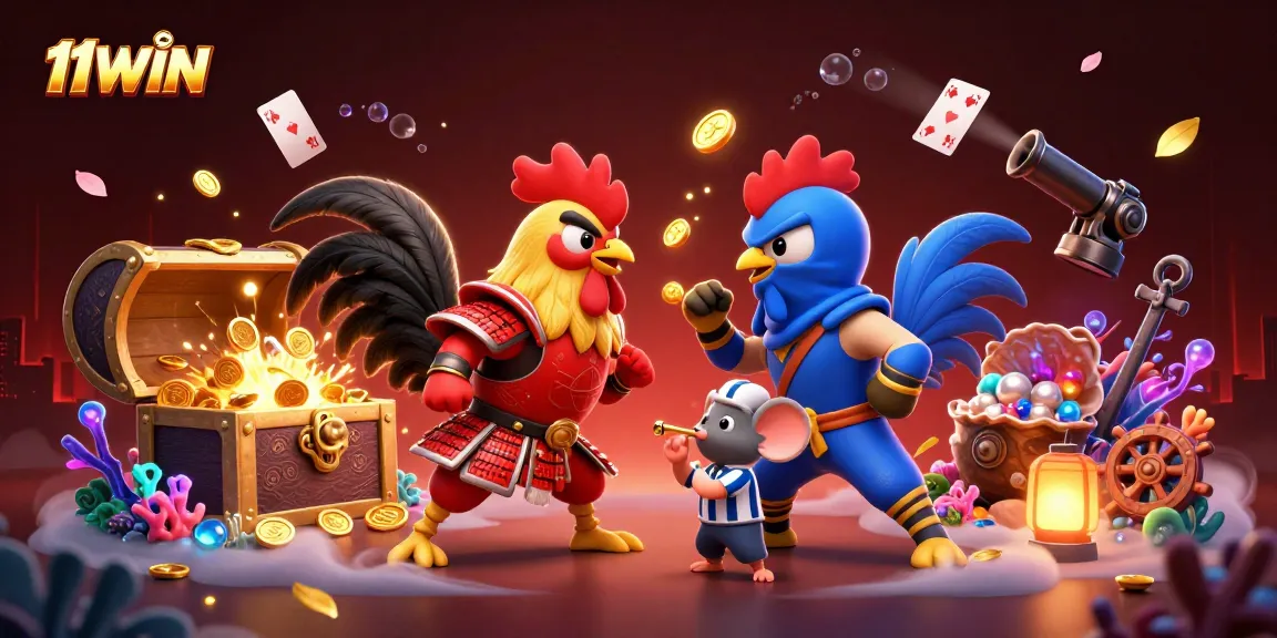11WIN showcases twin roosters battling amidst treasure and casino elements in a vibrant standoff.