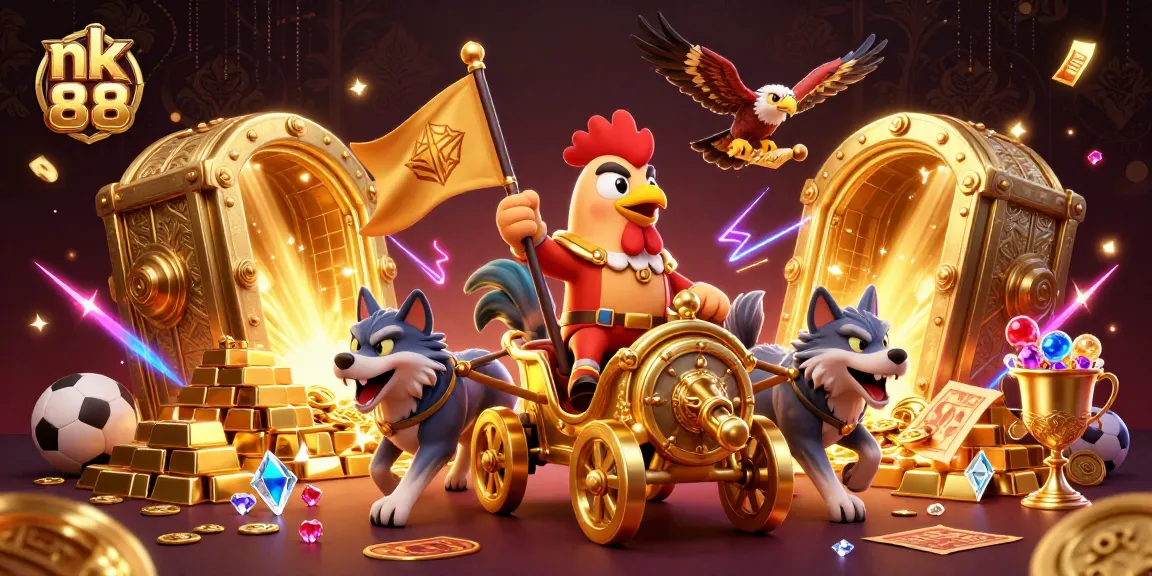 Experience thrilling sports betting with nk 88 in this dynamic 3D illustration featuring a rooster warlord and treasures.