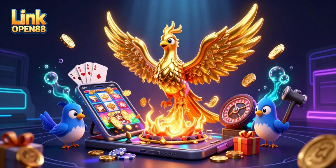 Experience thrilling gameplay with Link OPEN88's vibrant 3D casino scene, featuring slot games and golden phoenix.