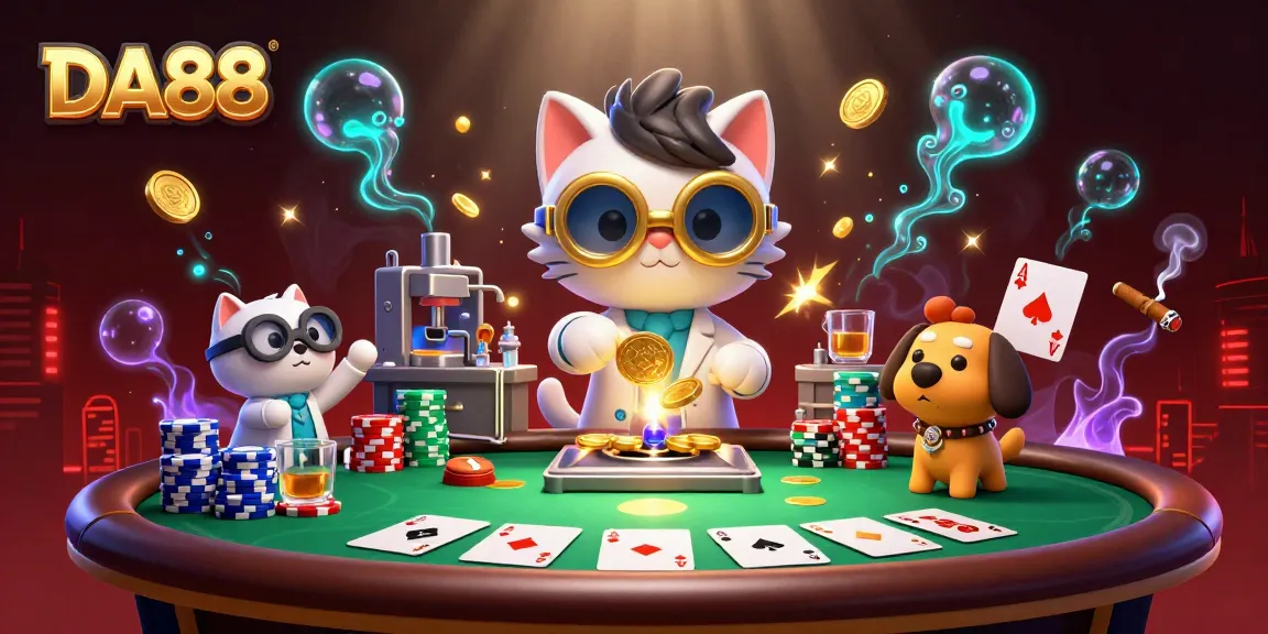 Experience the thrill of DA88 gaming with vibrant casino action featuring a mad scientist cat and poker table