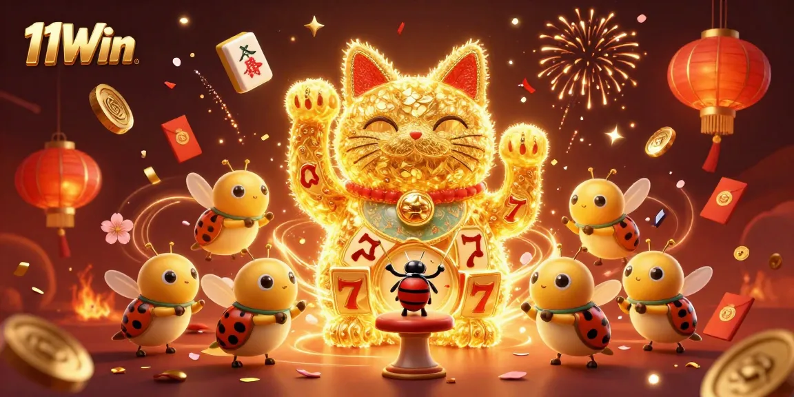 Experience the excitement of 11Win with a vibrant 3D casino scene featuring a lucky cat and lucky symbols.