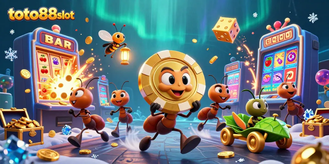 Toto88slot showcases an exciting heist with ants stealing a giant poker chip amidst vibrant slots and casino elements.
