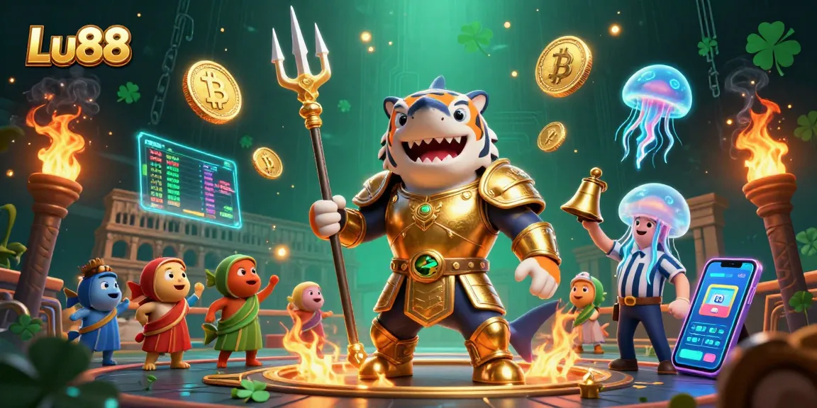 Experience the thrill of Lu88 in a vibrant underwater casino with a fierce shark and crypto elements.