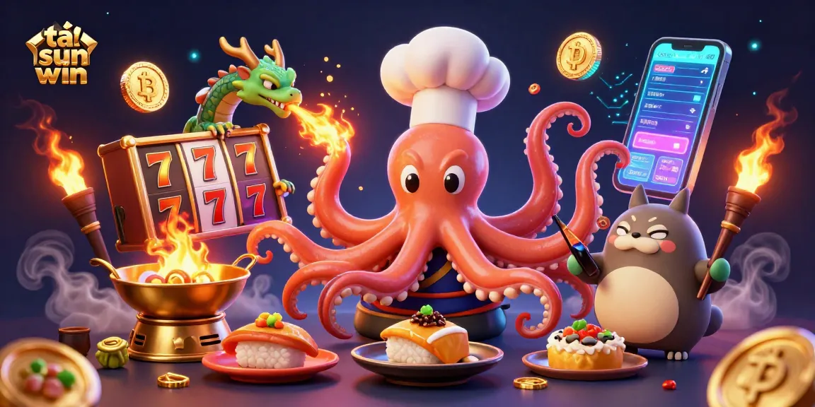 Win big with tải sun win, as exciting characters prepare dishes alongside vibrant slot game elements.