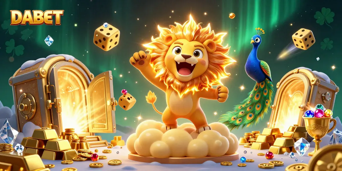 DABET players enjoy an exciting casino gaming experience with triumphant lion and golden elements.
