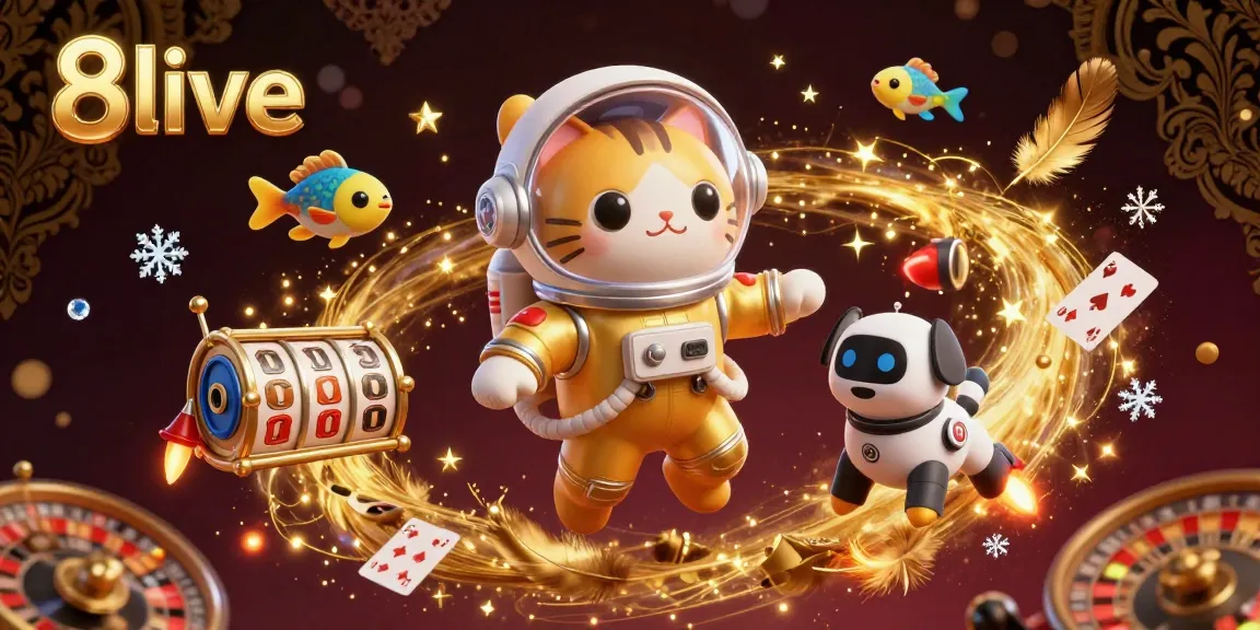 Experience thrilling gambling adventures with 8live in this vibrant 3D illustration featuring a floating astronaut cat and dynamic casino elements.