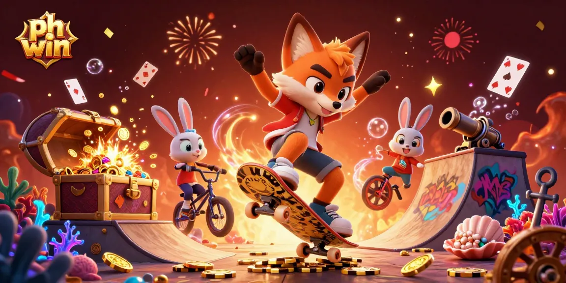Experience thrilling fun at ph win with a fox skateboarder and a BMX-riding rabbit in a vibrant casino scene.