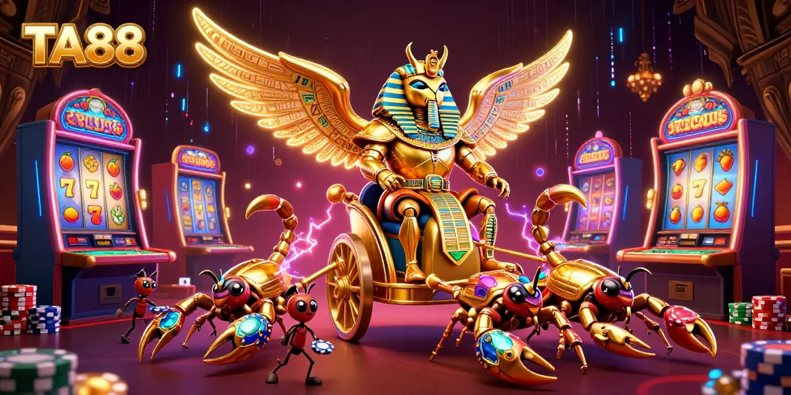 Engage with TA88 slot adventures featuring a golden scarab beetle and lively casino elements.