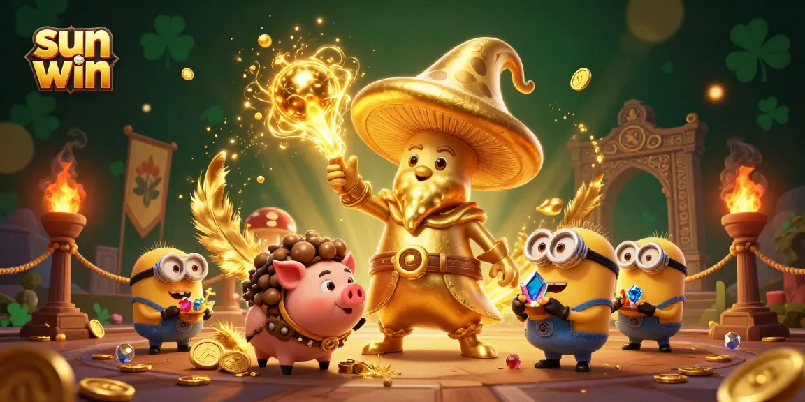 Play and win big at sun win with a magical wizard and treasure-hunting pig amidst a vibrant casino