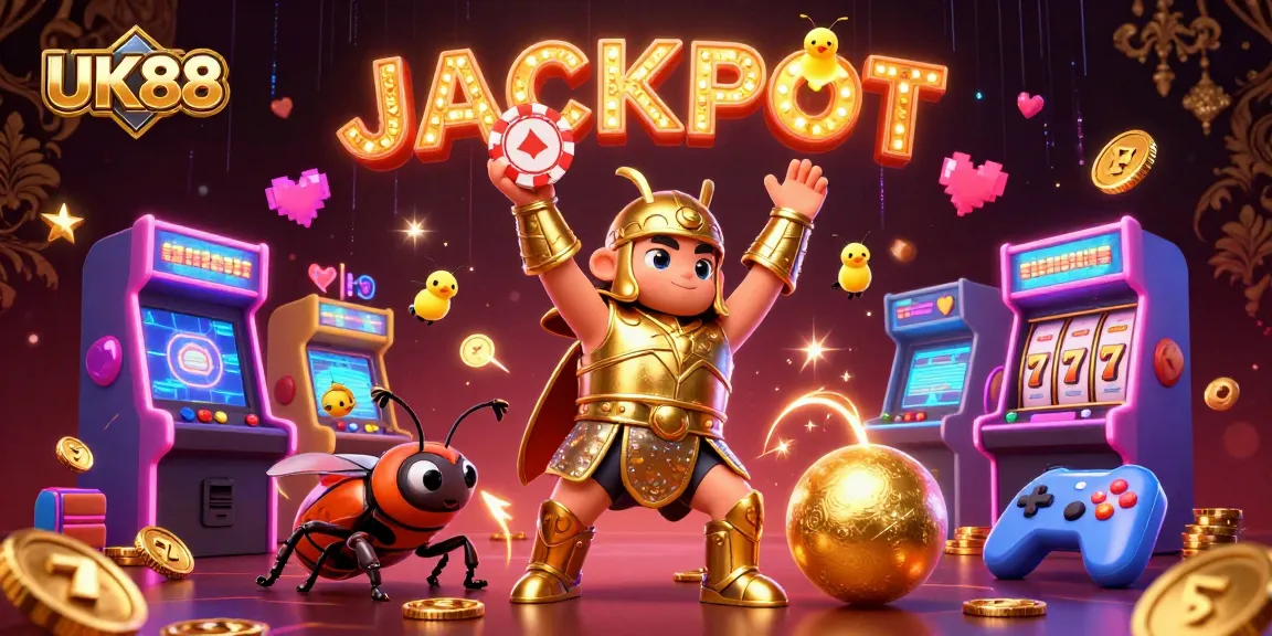 Engage with UK88’s thrilling jackpot scene featuring colorful casino elements and lively characters.