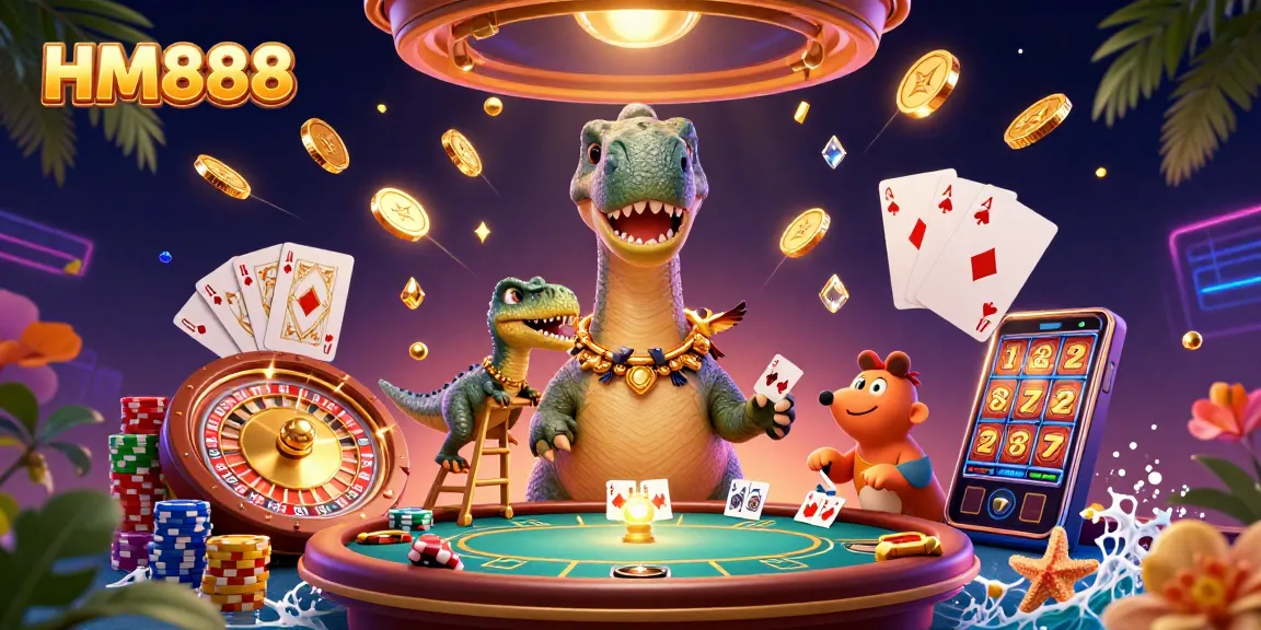 Engage with HM888’s thrilling gaming experience featuring a playful dinosaur and exciting casino elements.