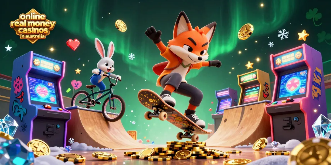 Engaging 3D scene showcasing online real money casinos in Australia with a skateboarder fox and BMX-riding rabbit.