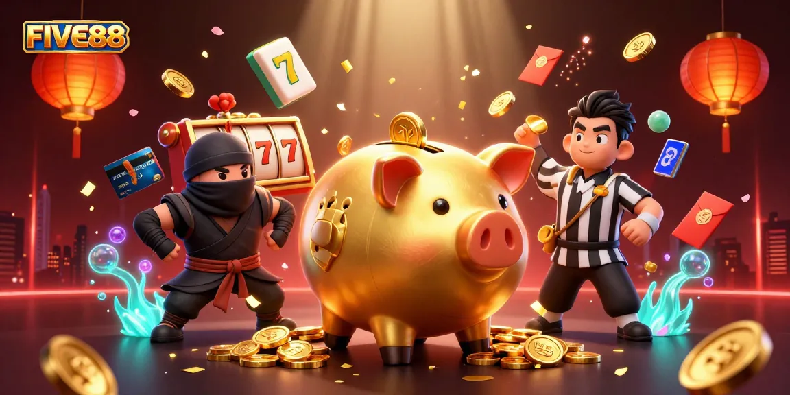 Experience the excitement of FIVE88 with a dynamic casino scene featuring energetic characters.