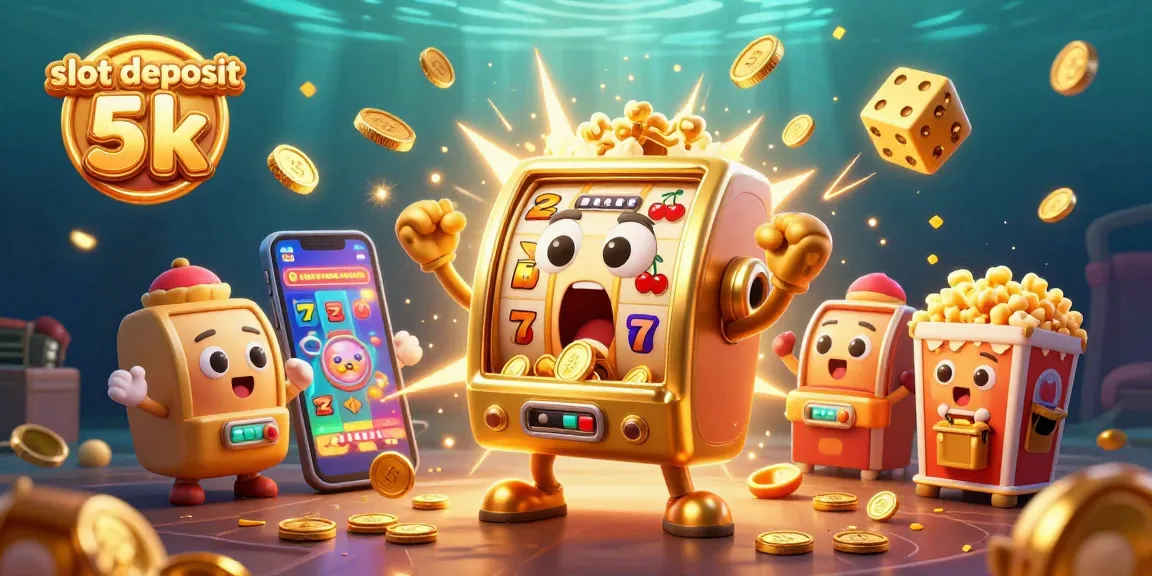 Engage with slot deposit 5k as the golden slot machine hits a jackpot, surrounded by celebratory elements and vibrant casino graphics.
