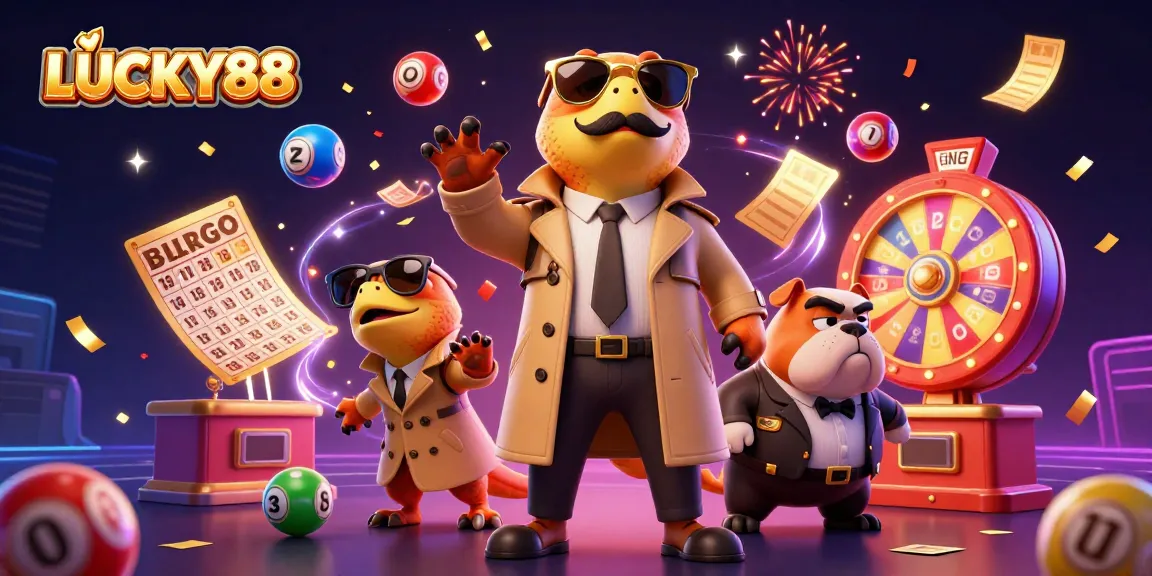 Win big with LUCKY88, as cartoon raptors sneak into a VIP lounge amidst colorful casino games.