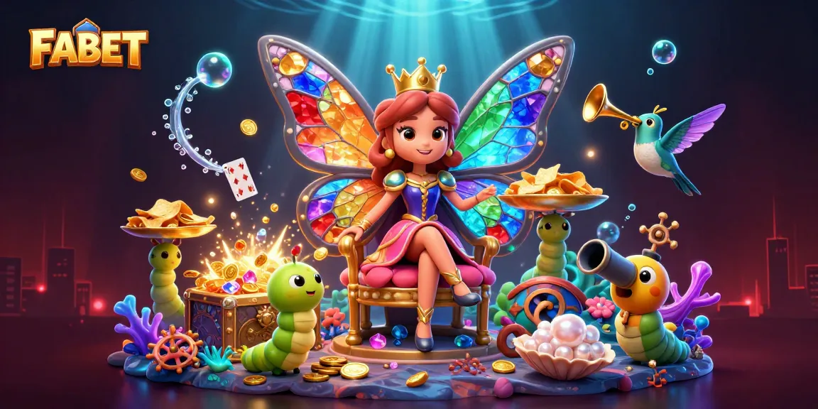 FABET-themed casino artwork showcasing a vibrant 3D butterfly queen with casino elements.