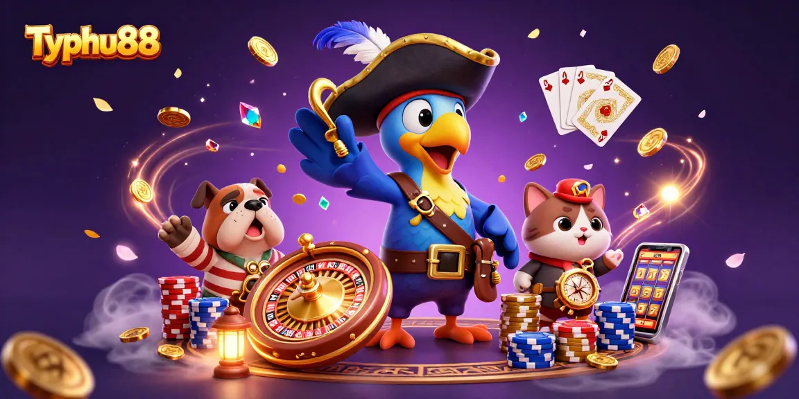 Join the adventure at Typhu88 with our vibrant 3D casino characters, amidst dazzling coins and games.