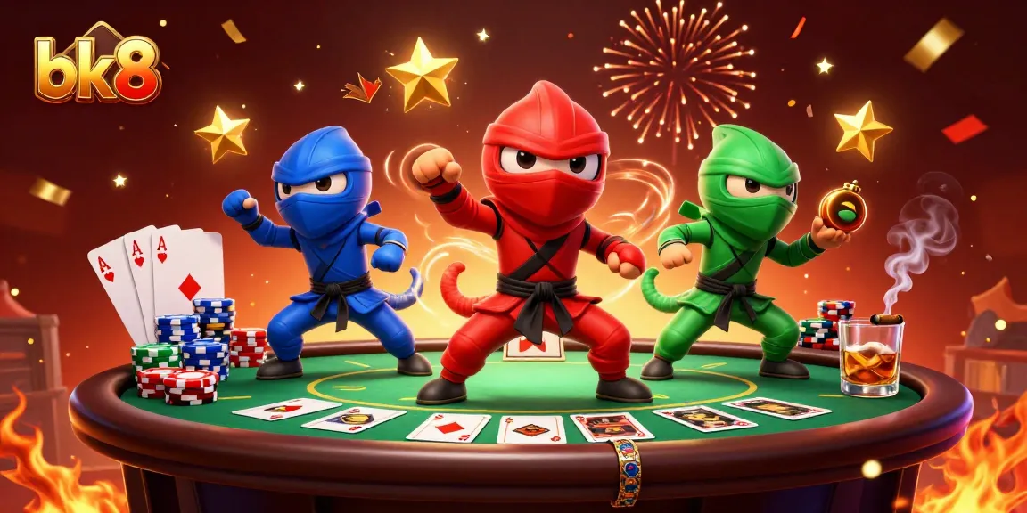 Experience thrilling poker action with bk8's dynamic chameleon ninjas showcasing synchronized martial arts.