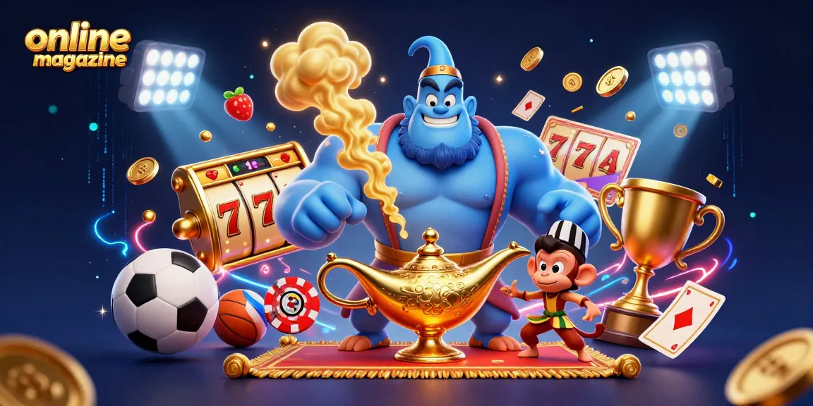 Engaging online magazine scene depicting a genie emerging from a lamp amidst vibrant casino elements.